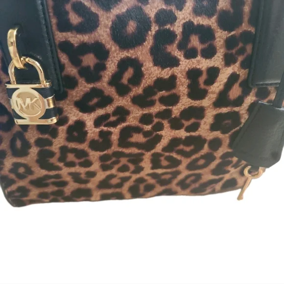 Michael Kors Black Leather Leopard Haircalf Satchel with Long Crossbody Strap - Picture 8 of 16